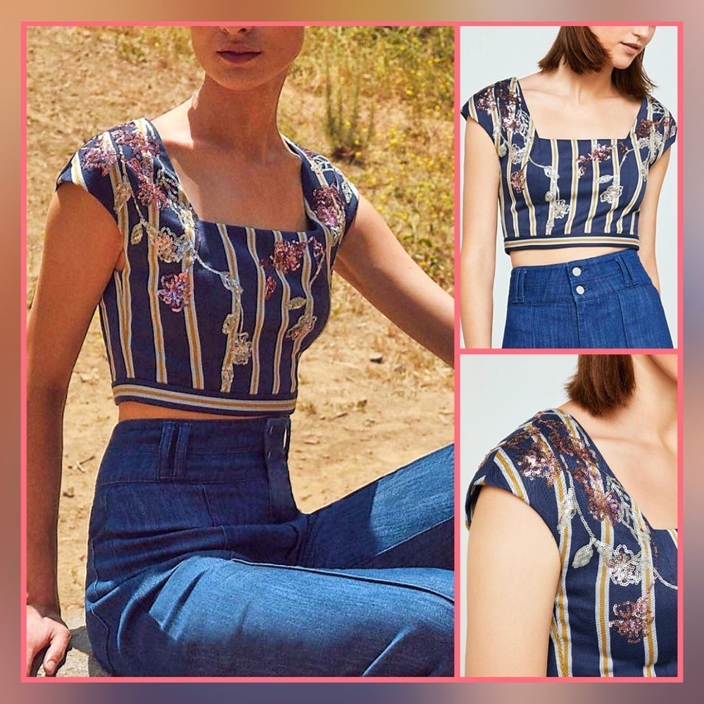 BCBGMaxAzria Blue Floral Sequin Embellished Cropped Top - Picture 4 of 12